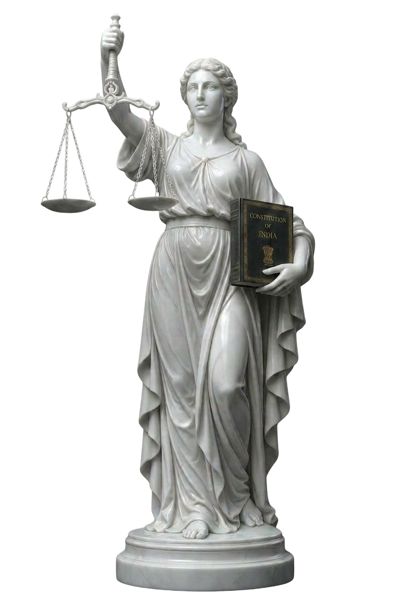 White marble statue of Lady Justice holding scales and the Constitution of India